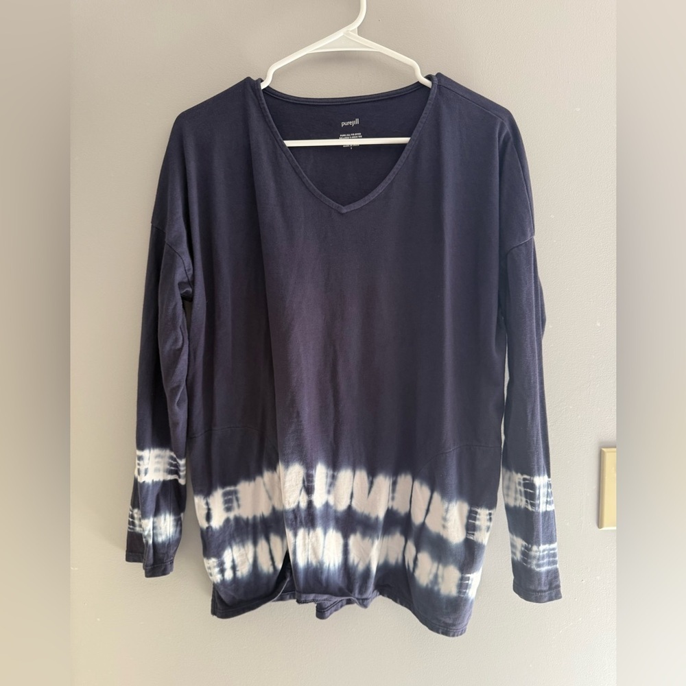 J Jill Pure Jill Womens Blue Tie Dye Relaxed V Neck Long Sleeve Shirt SZ Sm